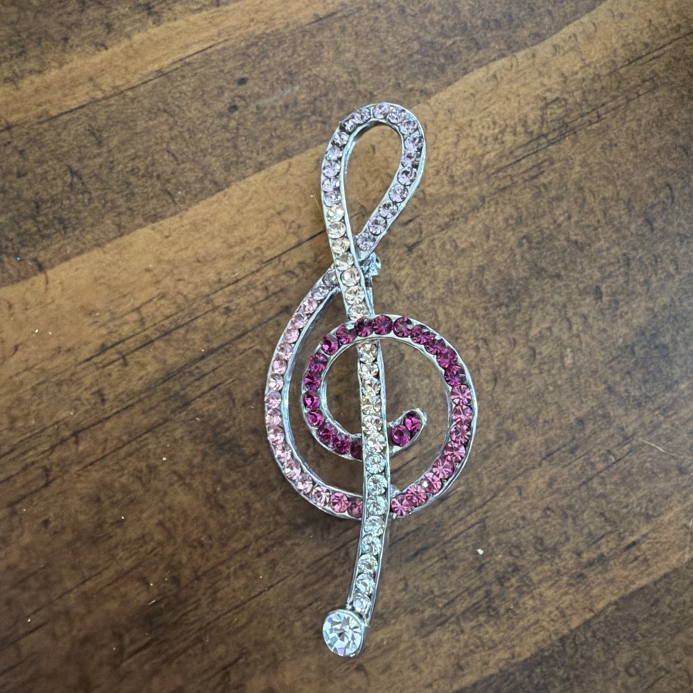 Treble Clef Music Brooch Silver With Various Pink Rhinestones Crystal Pin